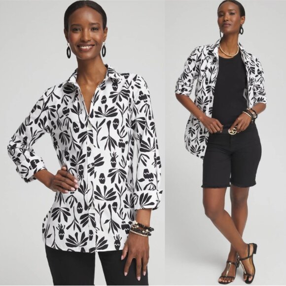 CHICO'S No Iron Stretch Pottery Shirt Black/White Print Size 1 (US 8) - Picture 1 of 7